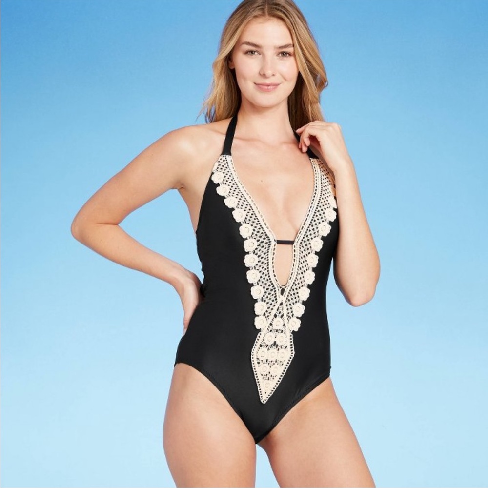 Crochet Trim Plunge One Piece